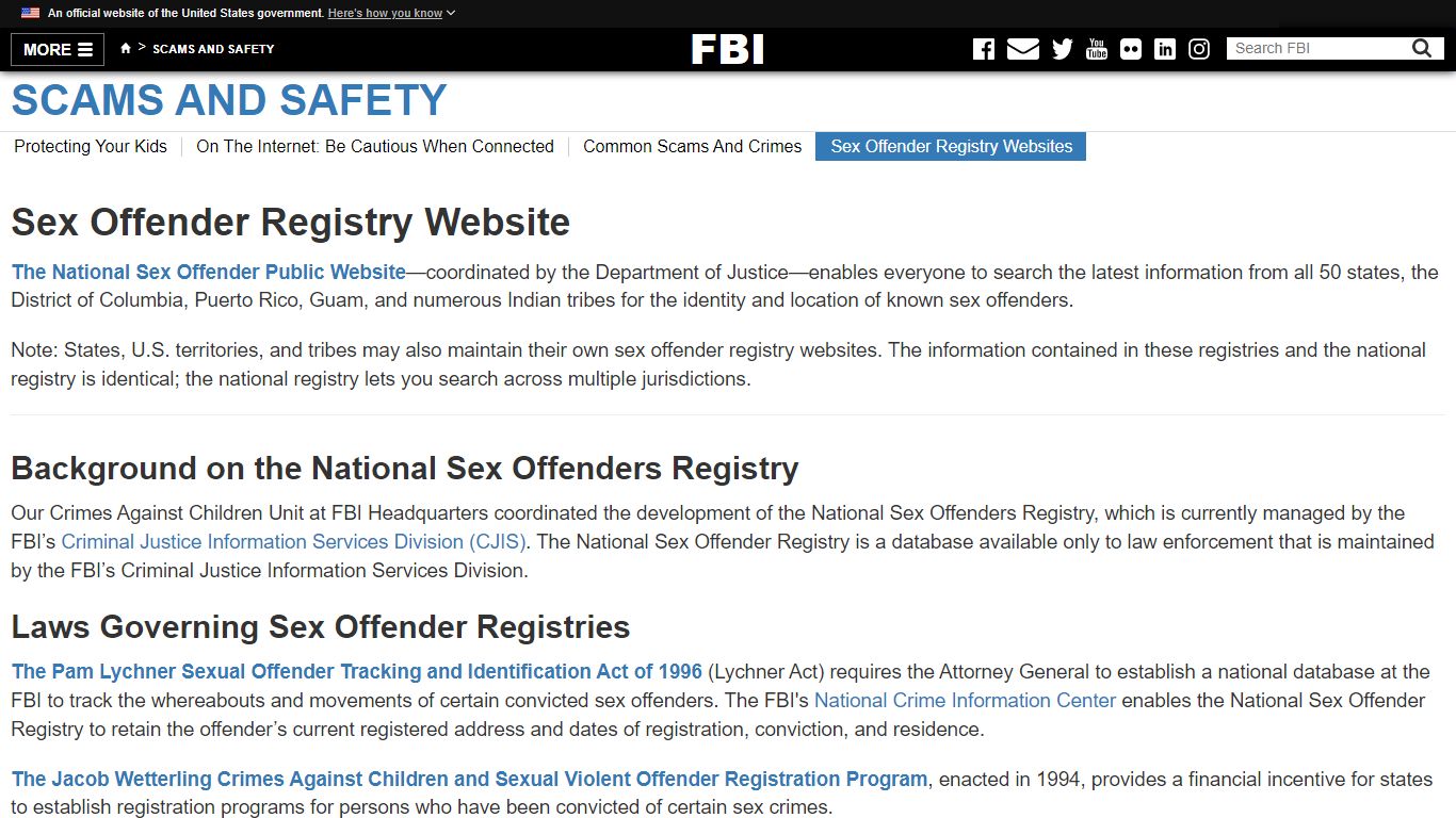 Sex Offender Registry Websites — FBI